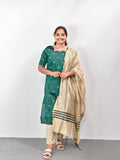 Raw Silk Kurta Set with Dupatta - Dark Green