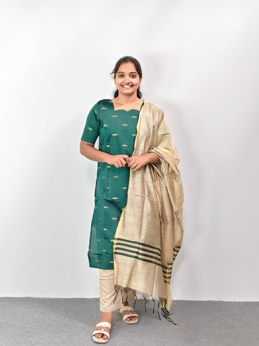 Raw Silk Kurta Set with Dupatta - Dark Green