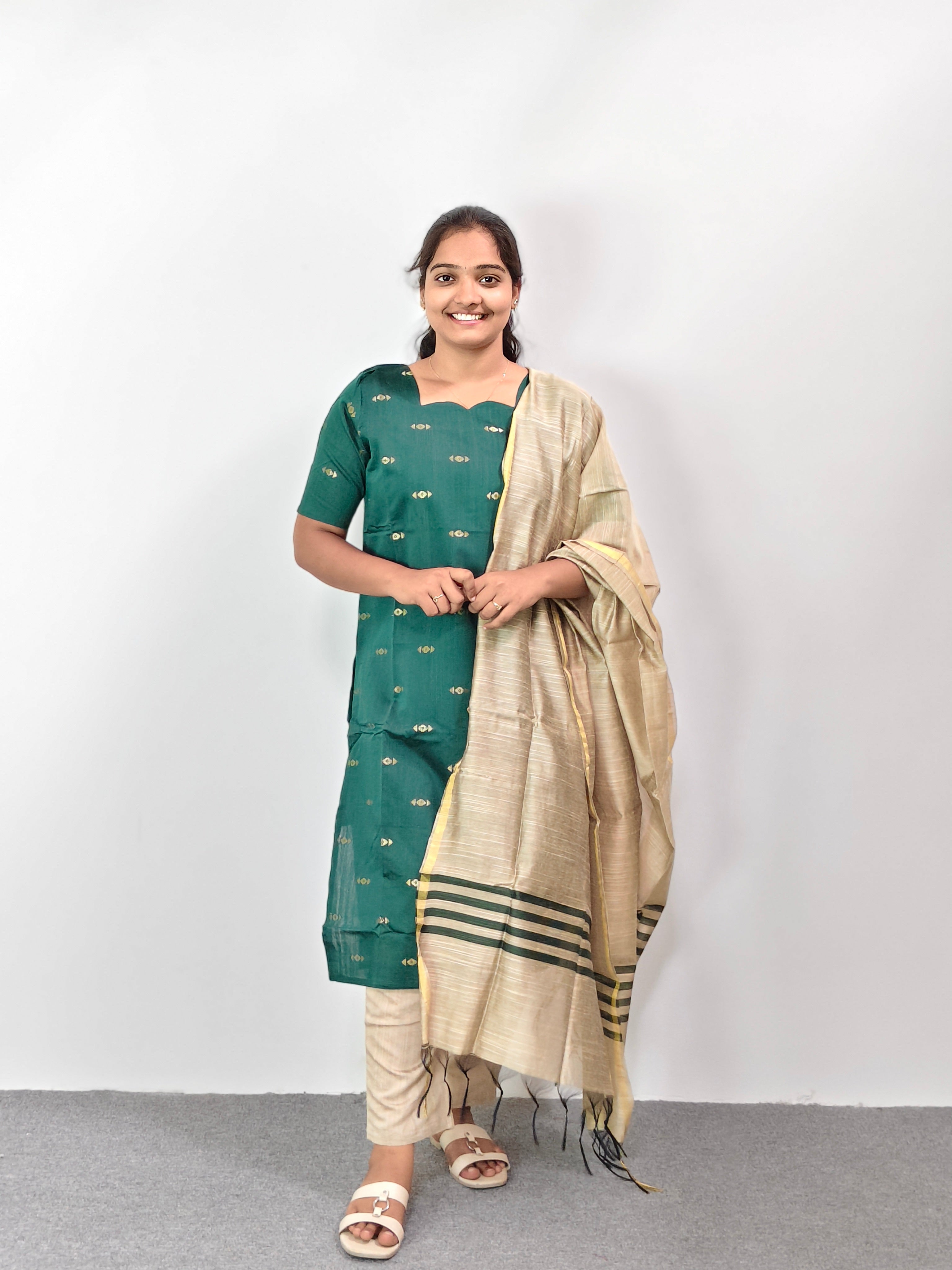 Raw Silk Kurta Set with Dupatta - Dark Green