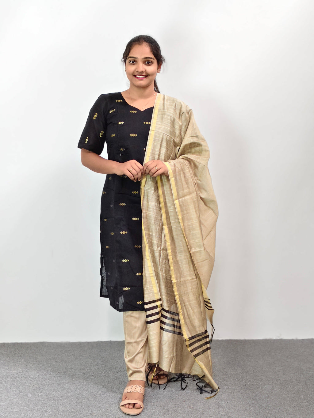 Raw Silk Kurta Set with Dupatta - Black