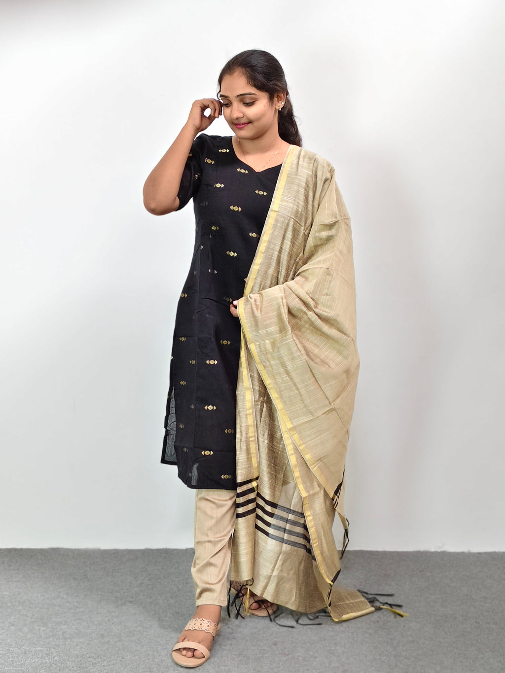 Raw Silk Kurta Set with Dupatta - Black