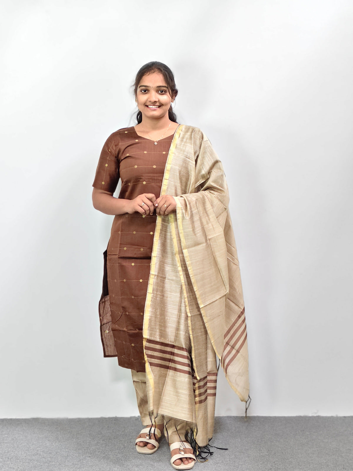 Raw Silk Kurta Set with Dupatta - Brown